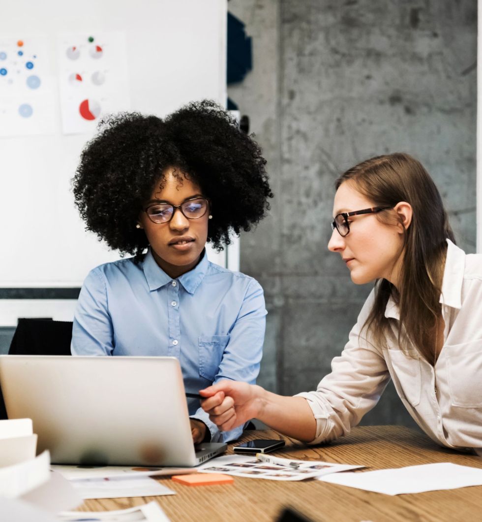 Two young women having a discussion in a business A black and a caucasian young woman are sitting in a business meeting in a modern office.They discuss something over papers and a laptop while one of them is pointing at the computer screen. Both are wearing glasses and pie charts are visible in the background.